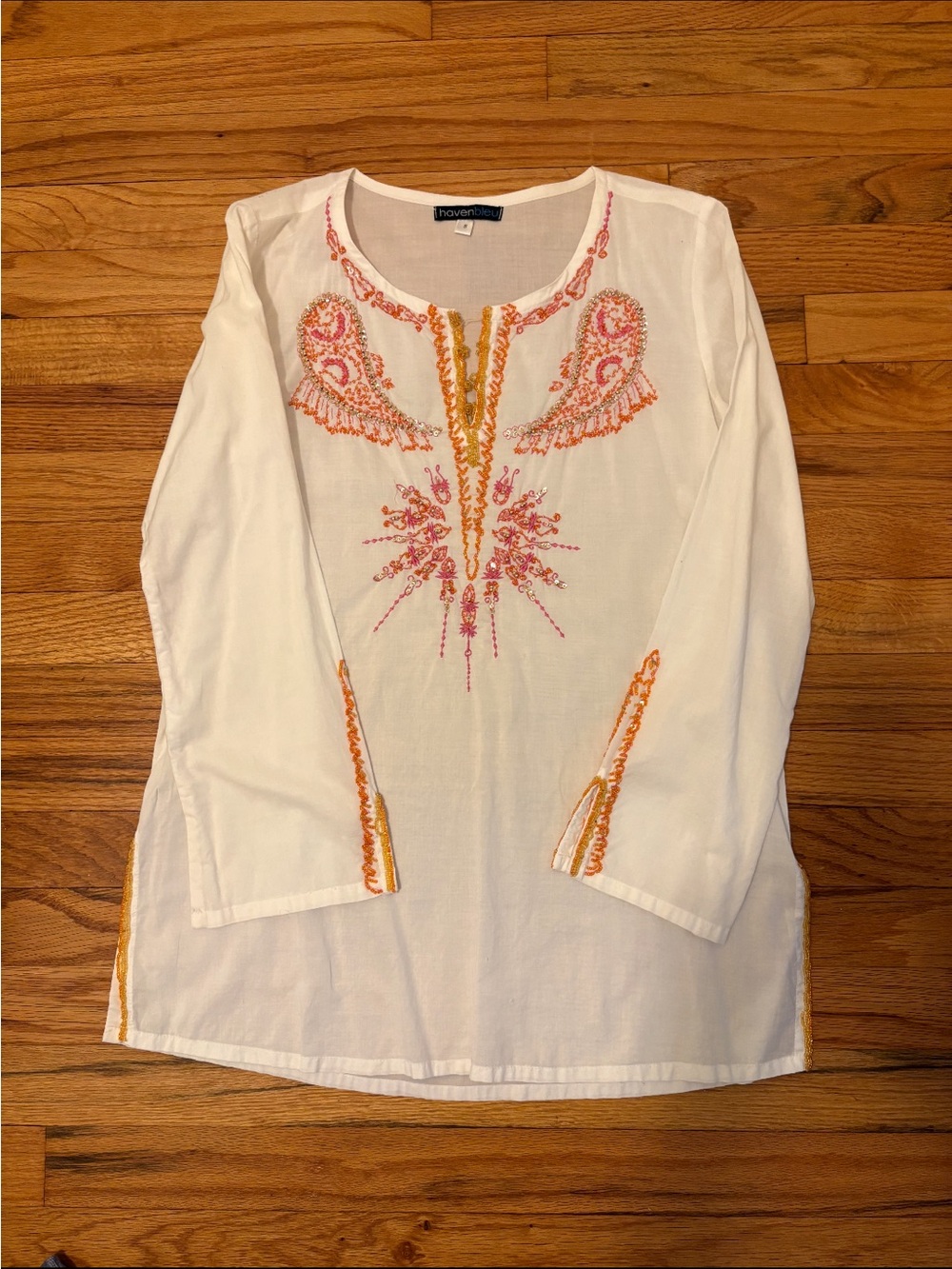 White Embroidered Tunic Top - Orange & Pink Accents